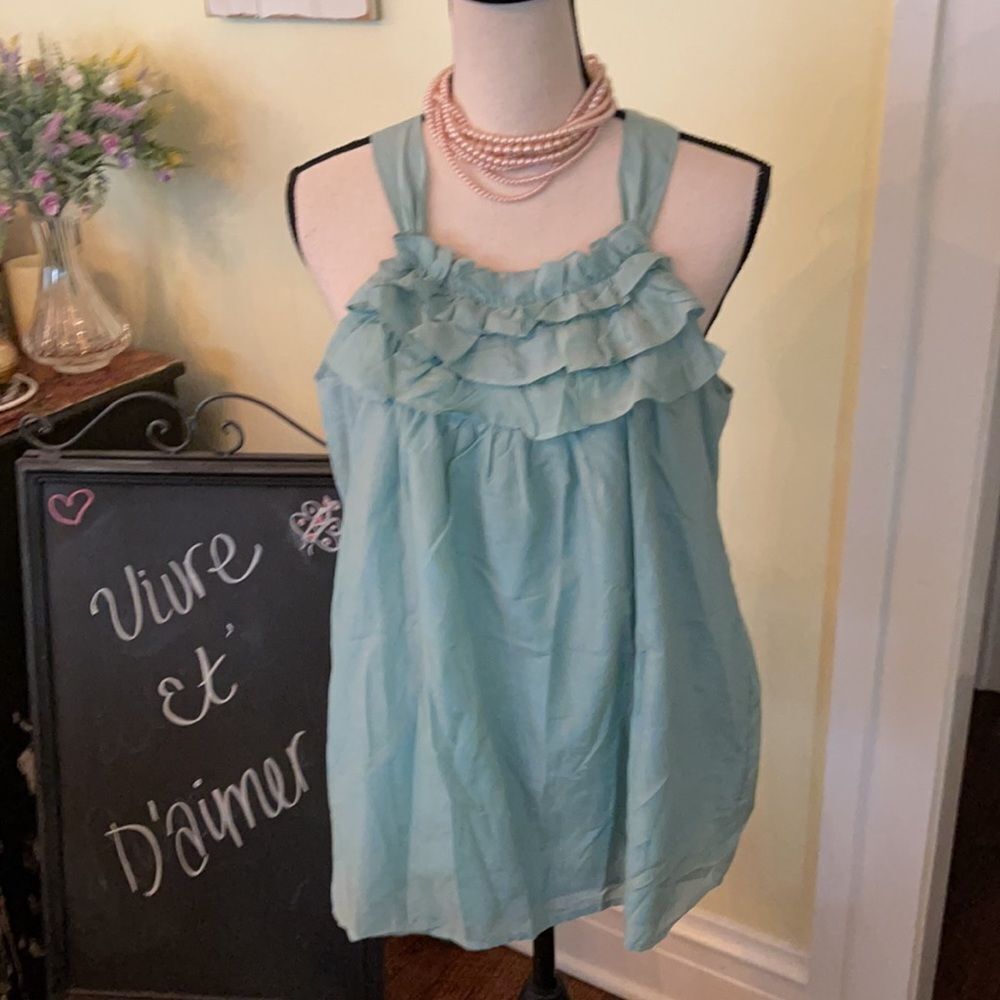 NWT 🌺COQUETTE-Style🌺 Jaloux Green Cotton/Silk Ruffle Top Sz L